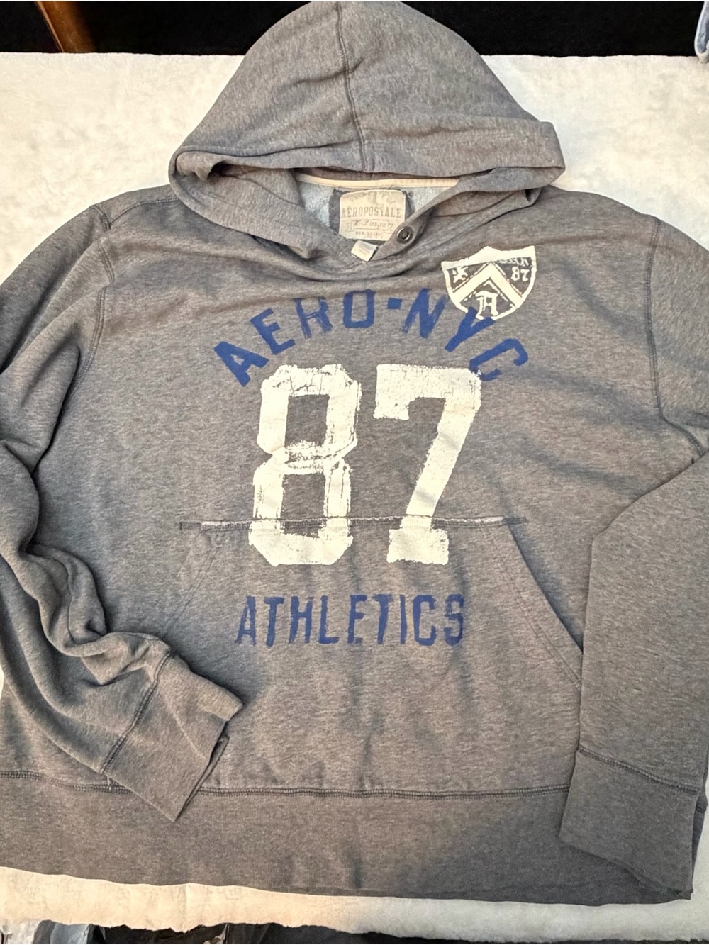 Aeropostale Gray Hoodie with Blue and White Graphics